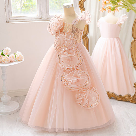 Light Pink Off Shoulder Mesh Maxi Dress for Girls with Sequin & Appliqué | Special Occasion & Flower Girl