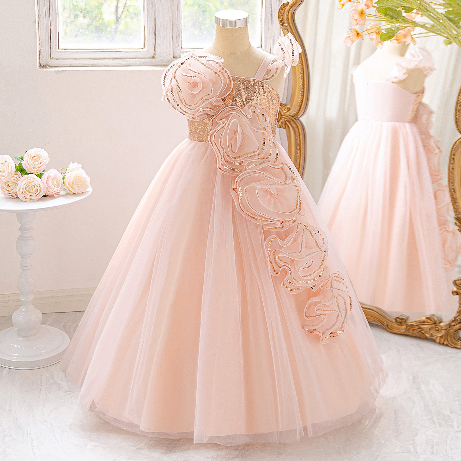 Light Pink Off Shoulder Mesh Maxi Dress for Girls with Sequin & Appliqué | Special Occasion & Flower Girl
