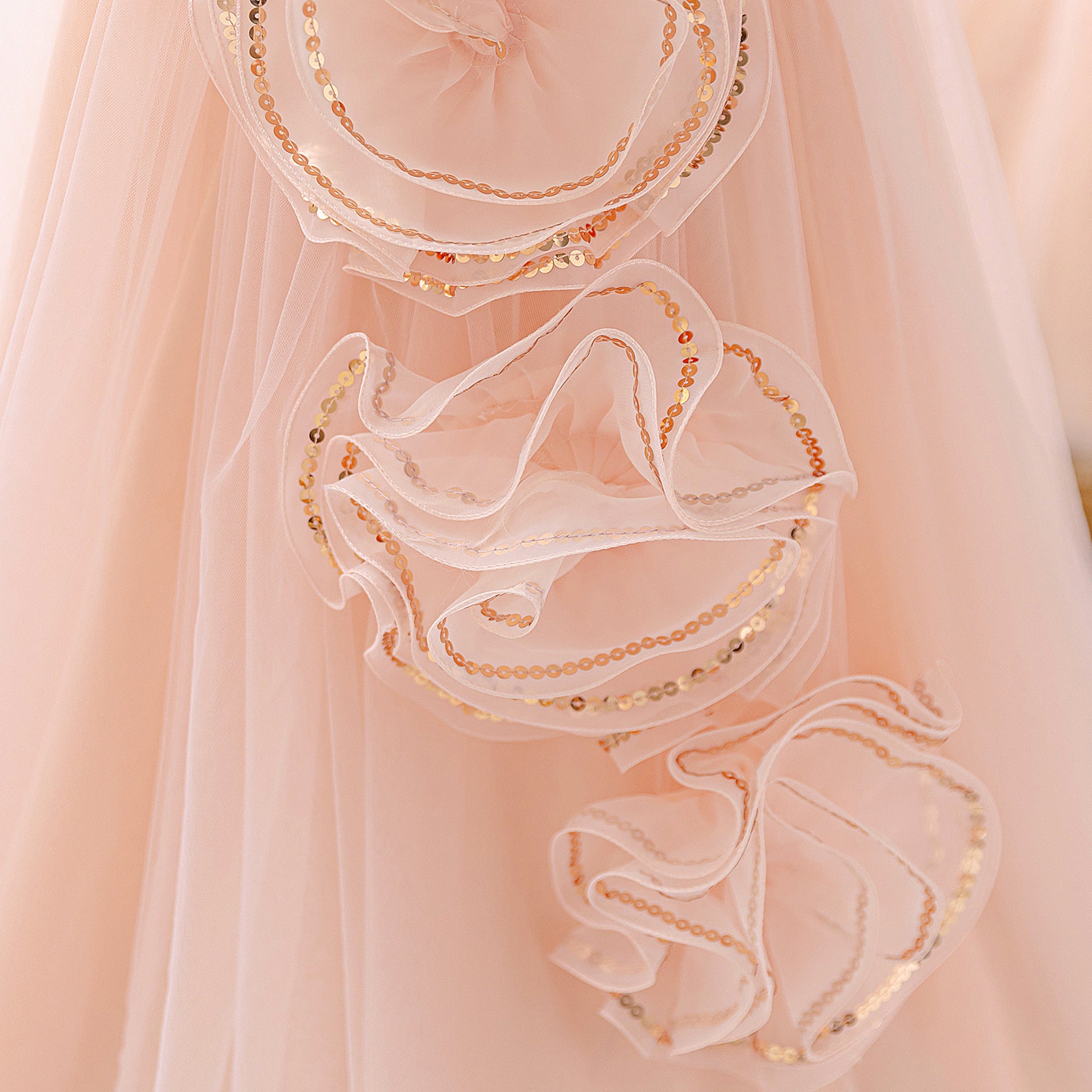 Light Pink Off Shoulder Mesh Maxi Dress for Girls with Sequin & Appliqué | Special Occasion & Flower Girl