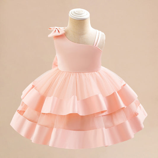 Light Pink Off-Shoulder Puffy Ball Gown Dress for Girls - Tea Length Princess Outfit