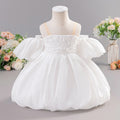 Off-Shoulder Puffy Mesh Flower Girl Dress with Bow Appliqué - White | Toddler Tea Length Ball Gown