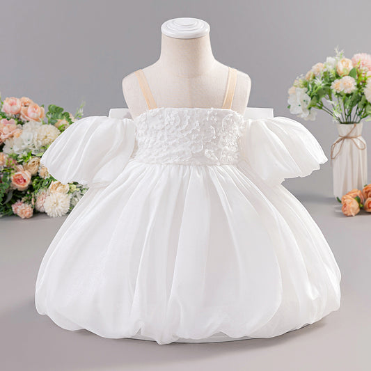 White Off-Shoulder Puffy Mesh Flower Girl Dress | Toddler Ball Gown for Weddings & Parties