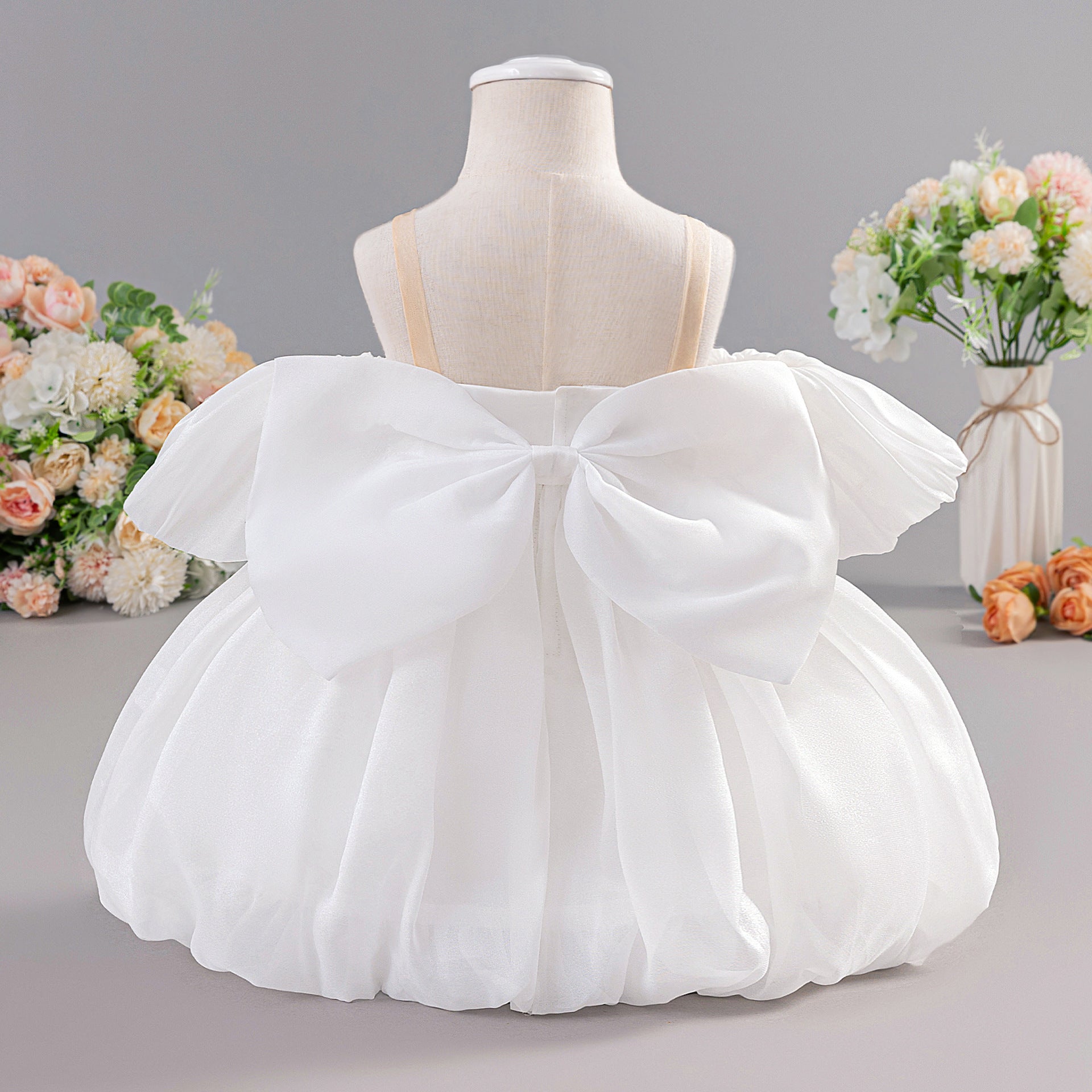 White Off-Shoulder Puffy Mesh Flower Girl Dress | Toddler Ball Gown for Weddings & Parties