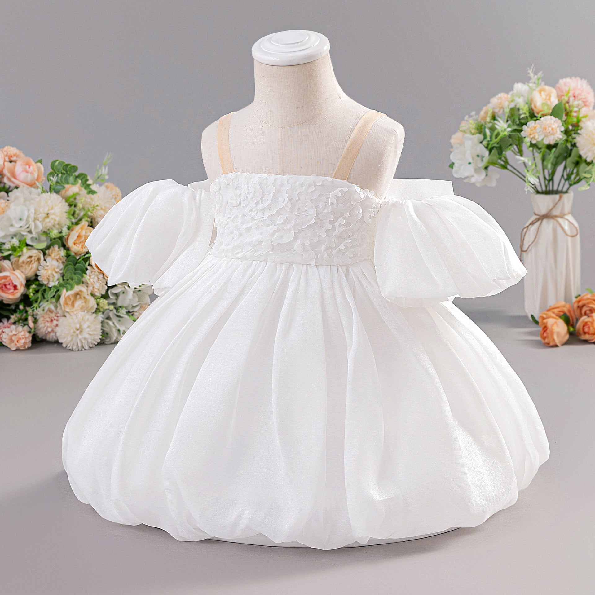 White Off-Shoulder Puffy Mesh Flower Girl Dress | Toddler Ball Gown for Weddings & Parties