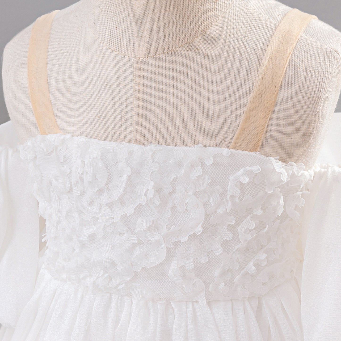 White Off-Shoulder Puffy Mesh Flower Girl Dress | Toddler Ball Gown for Weddings & Parties