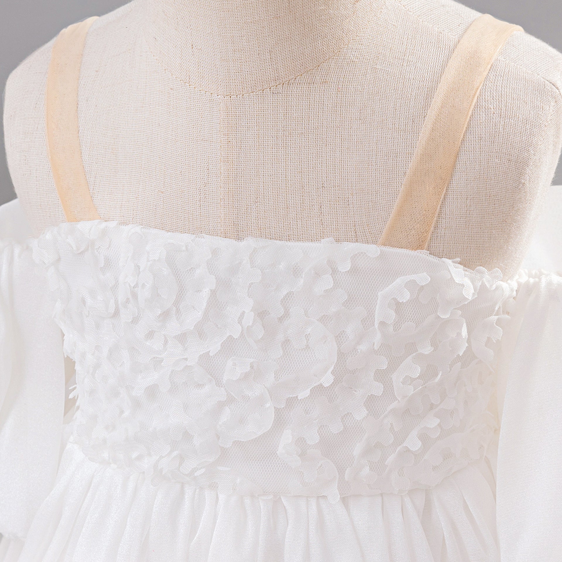 White Off-Shoulder Puffy Mesh Flower Girl Dress | Toddler Ball Gown for Weddings & Parties