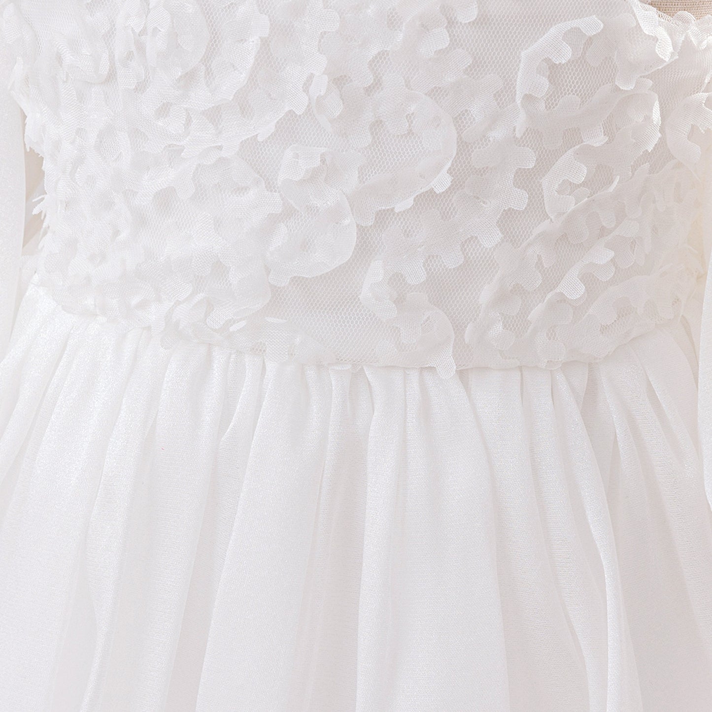 White Off-Shoulder Puffy Mesh Flower Girl Dress | Toddler Ball Gown for Weddings & Parties