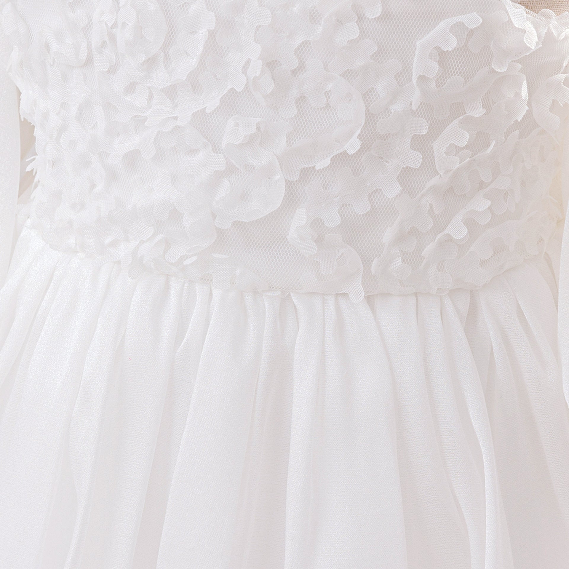 White Off-Shoulder Puffy Mesh Flower Girl Dress | Toddler Ball Gown for Weddings & Parties