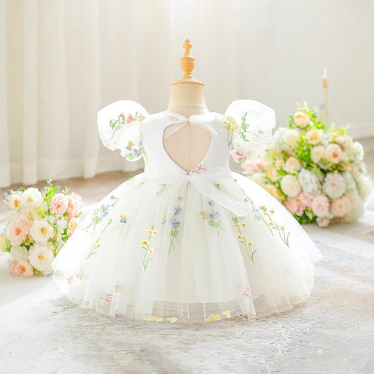 White Off-Shoulder Puffy Princess Dress for Girls | Embroidered Tulle Ball Gown