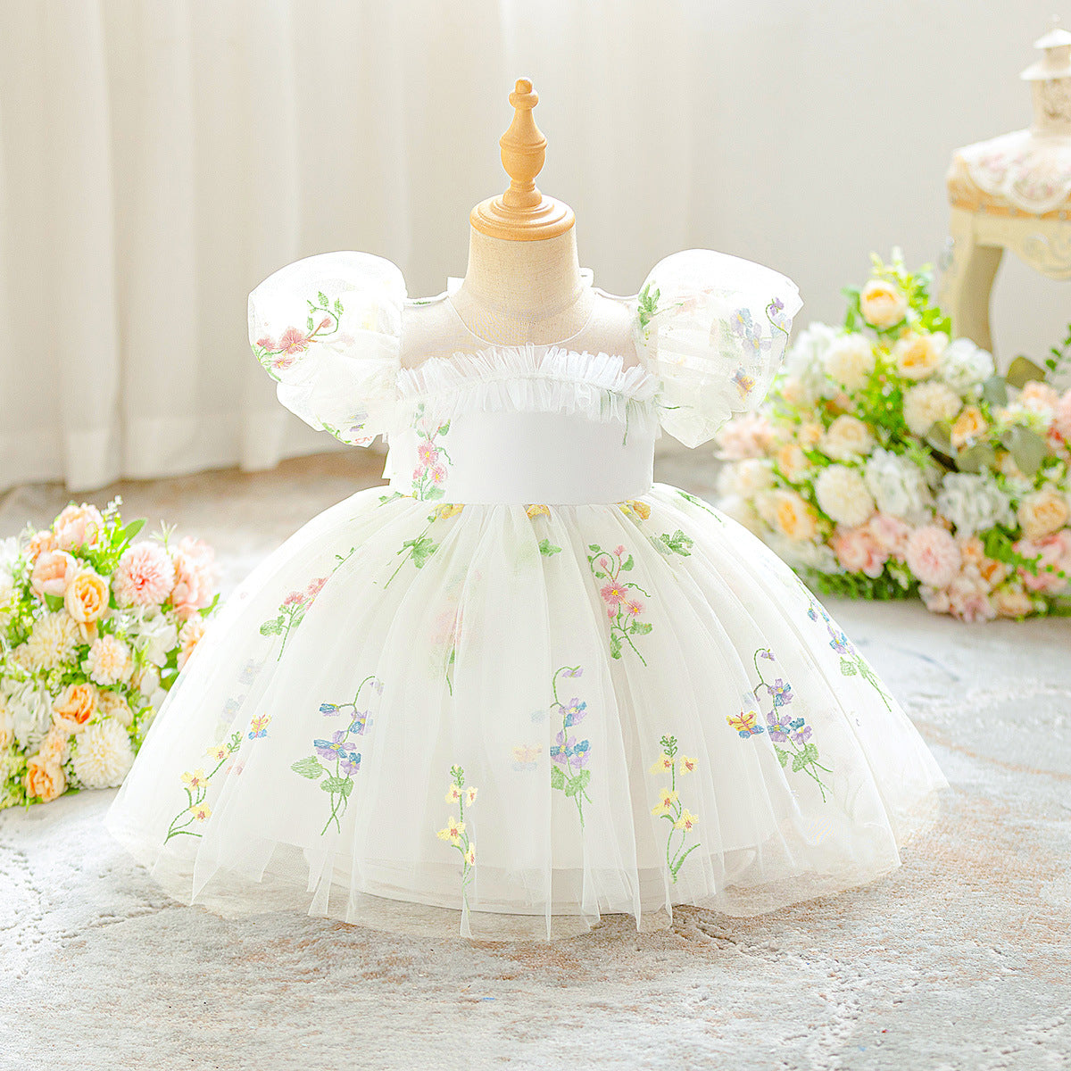 Frocklet White Off-Shoulder Puffy Princess Dress for Girls | Embroidered Tulle Ball Gown 2