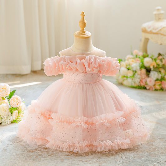 Light Pink Off Shoulder Ball Gown for Girls | Puffy Princess Mesh Dress