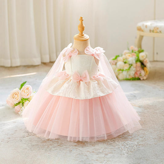 Cute Off-Shoulder Ball Gown Princess Dress for Little Girls – Tiered Tulle with Bow