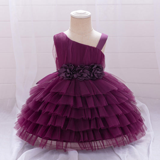 Cute Off-Shoulder Puffy Tulle Princess Dress with Flowers for Baby & Toddler Girls
