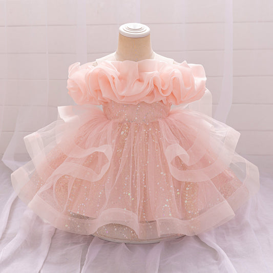Cute Off-Shoulder Puffy Tulle Dress for Girls | Princess Party & Flower Girl Gown