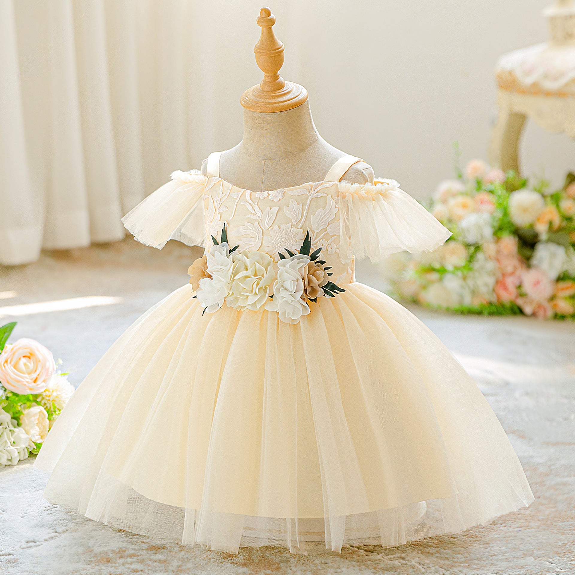 Cute Off-Shoulder Puffy Tulle Flower Girl Dress for Parties & Weddings (9M-4Y)