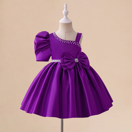 Cute Off-Shoulder Purple Satin Princess Dress for Girls – A-line Party & Wedding Outfit