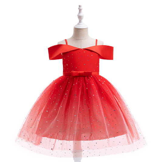 Off-Shoulder Sequin Princess Dress for Girls | Tea Length A-Line Kids Party Dress
