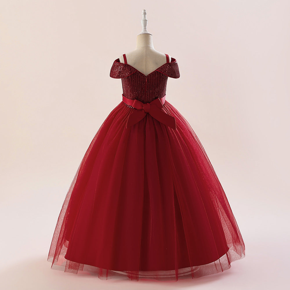 Off Shoulder Sequin Maxi Dress for Girls – Puff Sleeve Ball Gown for Special Occasions