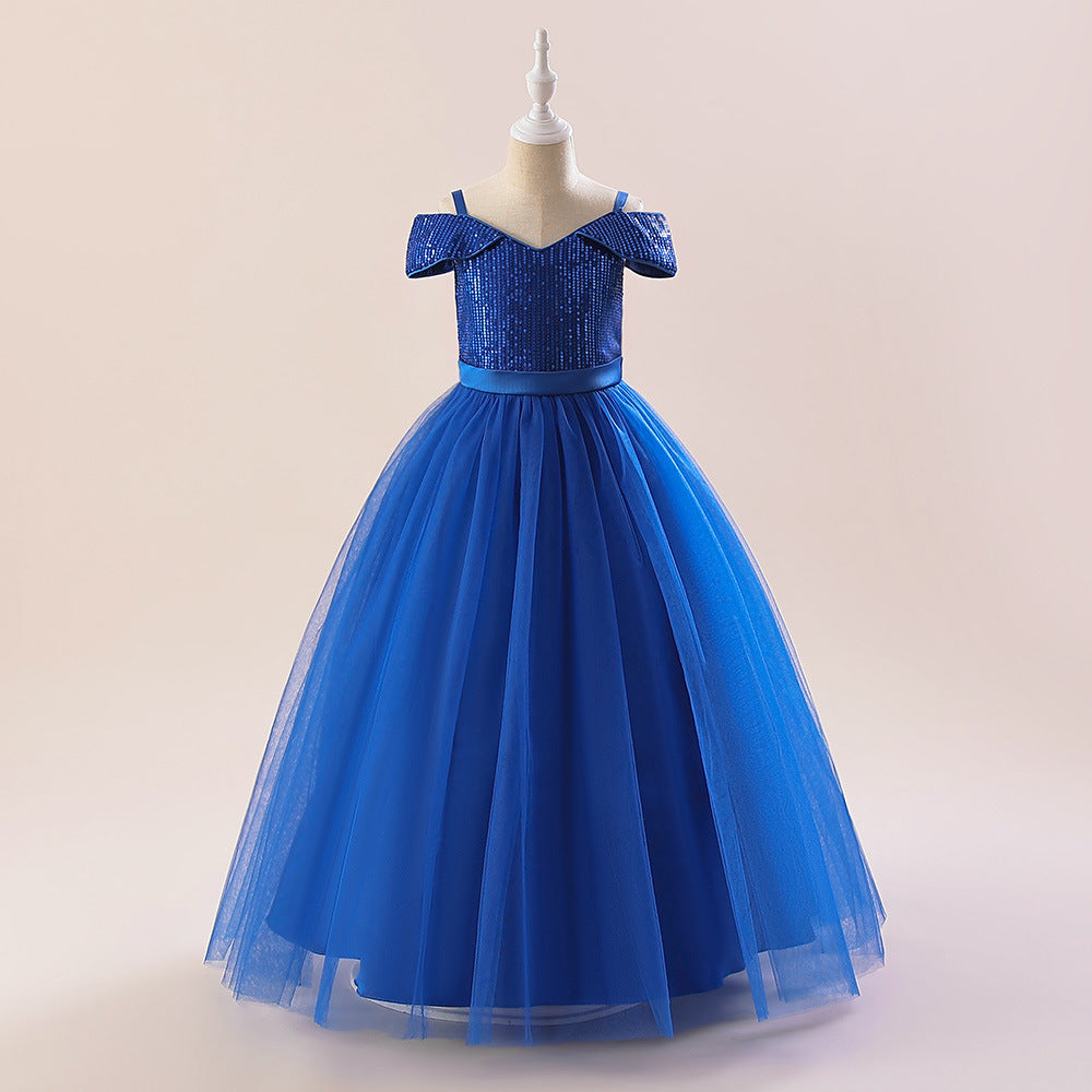 Off Shoulder Sequin Maxi Dress for Girls – Puff Sleeve Ball Gown for Special Occasions