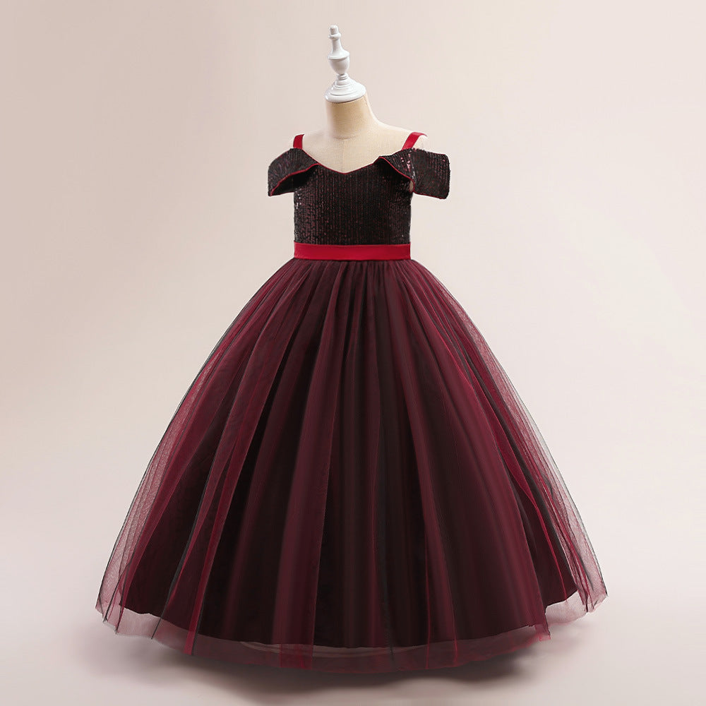 Off Shoulder Sequin Maxi Dress for Girls – Puff Sleeve Ball Gown for Special Occasions