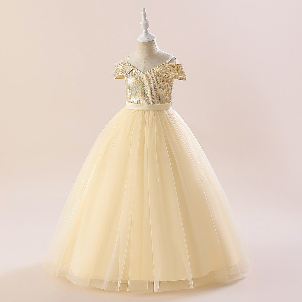 Off Shoulder Sequin Maxi Dress for Girls – Puff Sleeve Ball Gown for Special Occasions