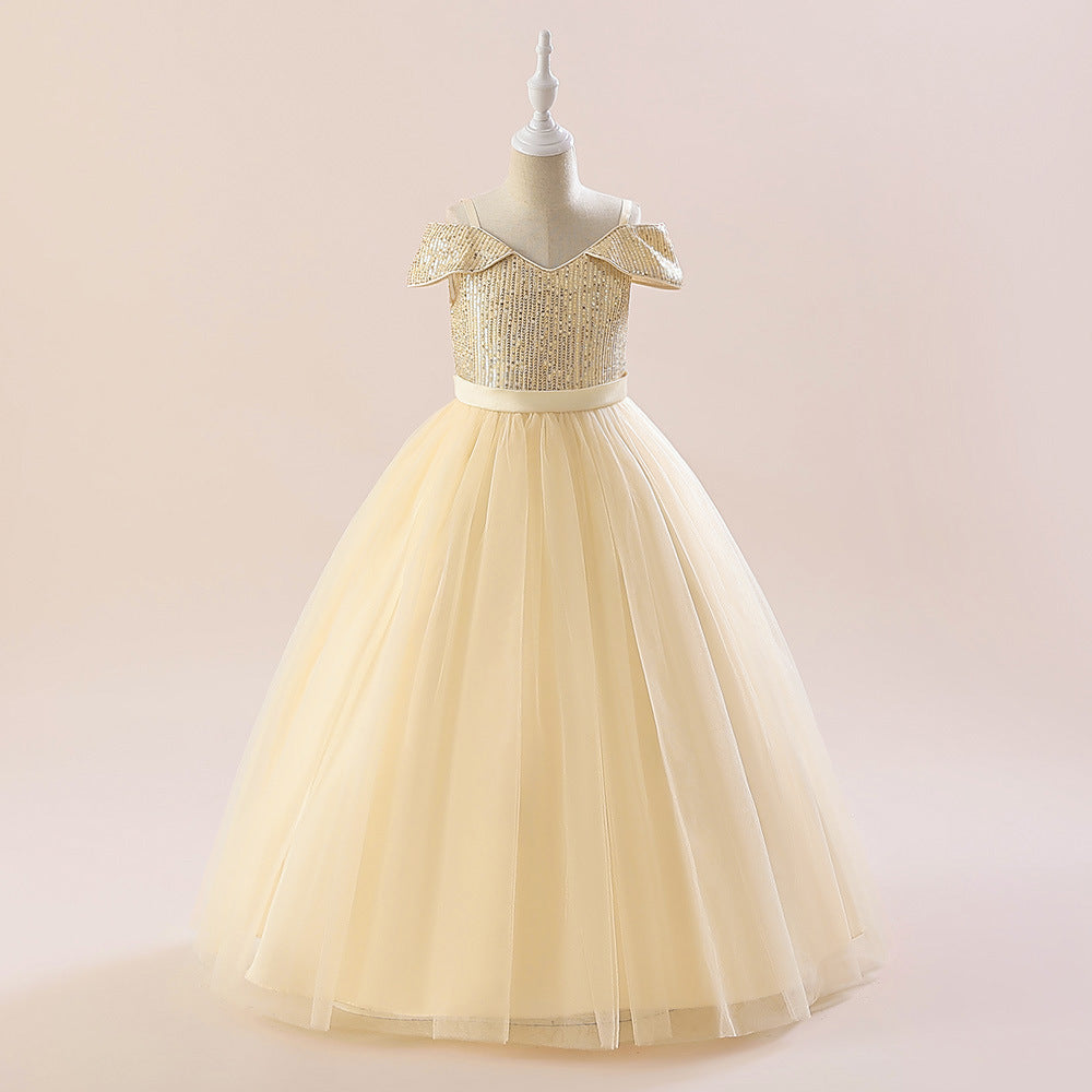 Off Shoulder Sequin Maxi Dress for Girls – Puff Sleeve Ball Gown for Special Occasions