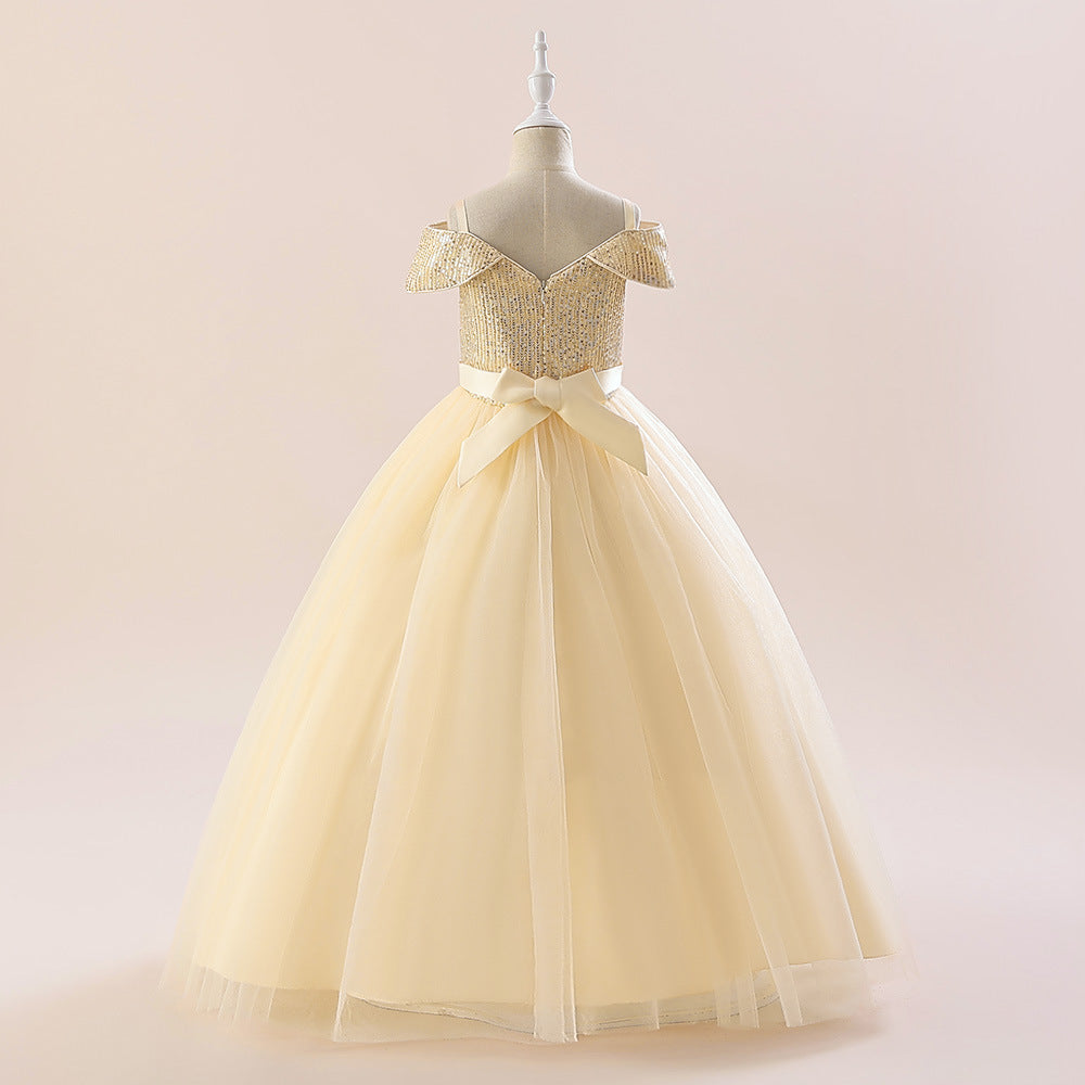 Off Shoulder Sequin Maxi Dress for Girls – Puff Sleeve Ball Gown for Special Occasions