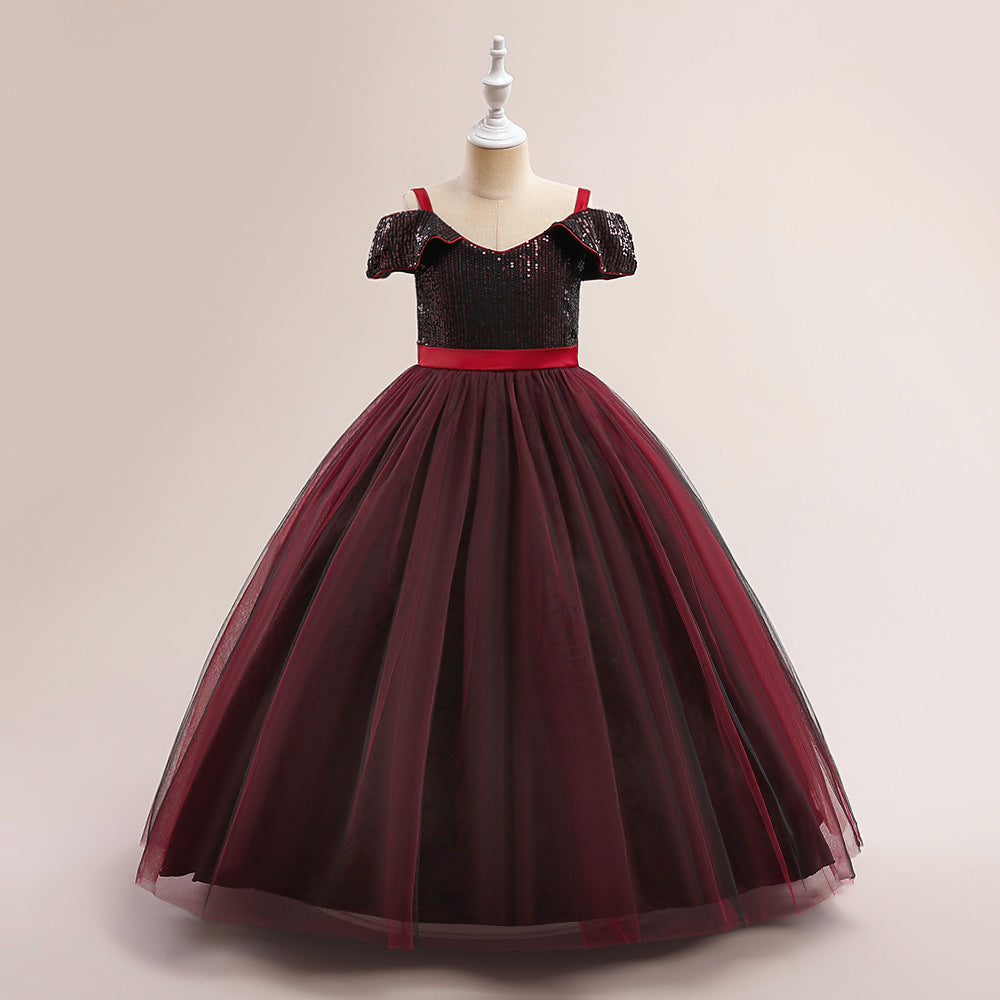 Off Shoulder Sequin Maxi Dress for Girls – Puff Sleeve Ball Gown for Special Occasions