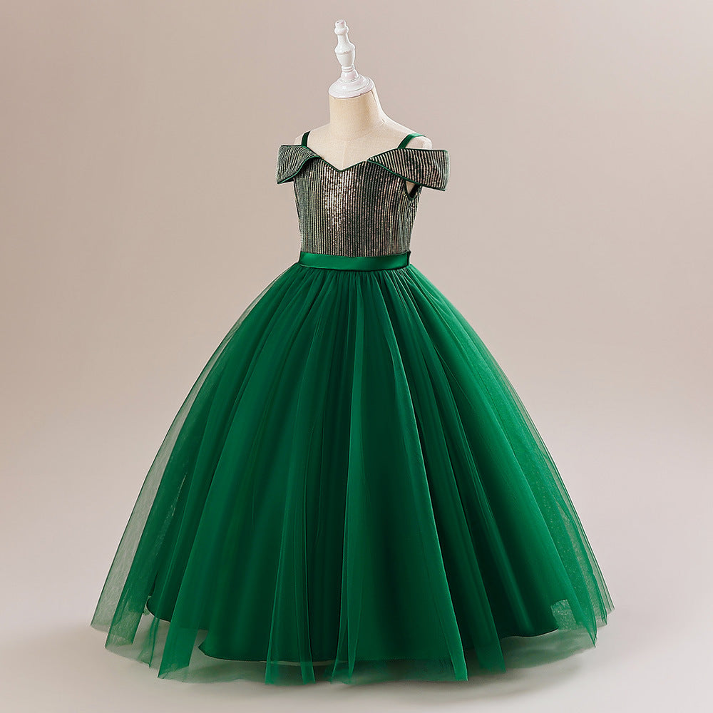 Off Shoulder Sequin Maxi Dress for Girls – Puff Sleeve Ball Gown for Special Occasions
