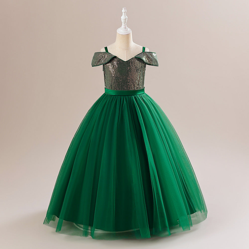 Off Shoulder Sequin Maxi Dress for Girls – Puff Sleeve Ball Gown for Special Occasions