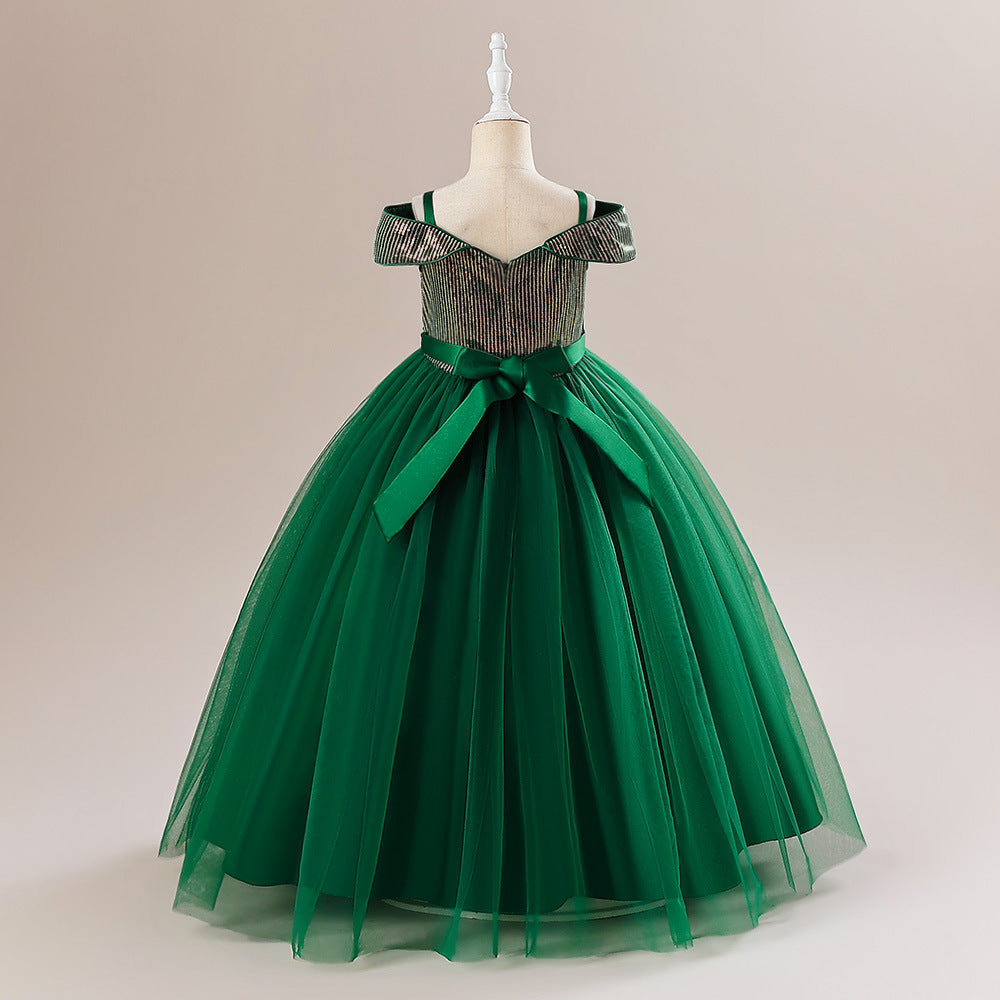 Off Shoulder Sequin Maxi Dress for Girls – Puff Sleeve Ball Gown for Special Occasions