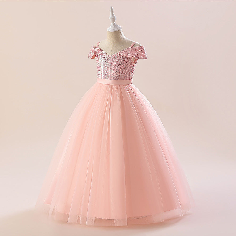 Off Shoulder Sequin Maxi Dress for Girls – Puff Sleeve Ball Gown for Special Occasions