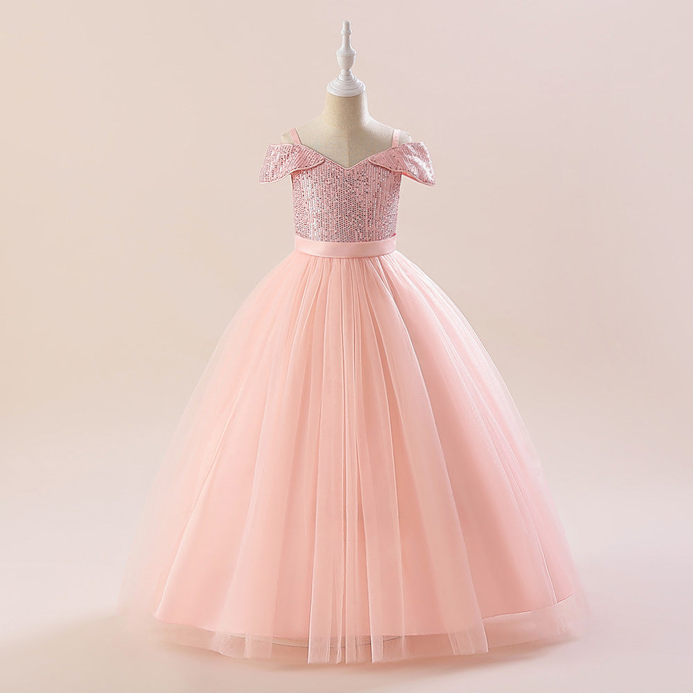 Off Shoulder Sequin Maxi Dress for Girls – Puff Sleeve Ball Gown for Special Occasions