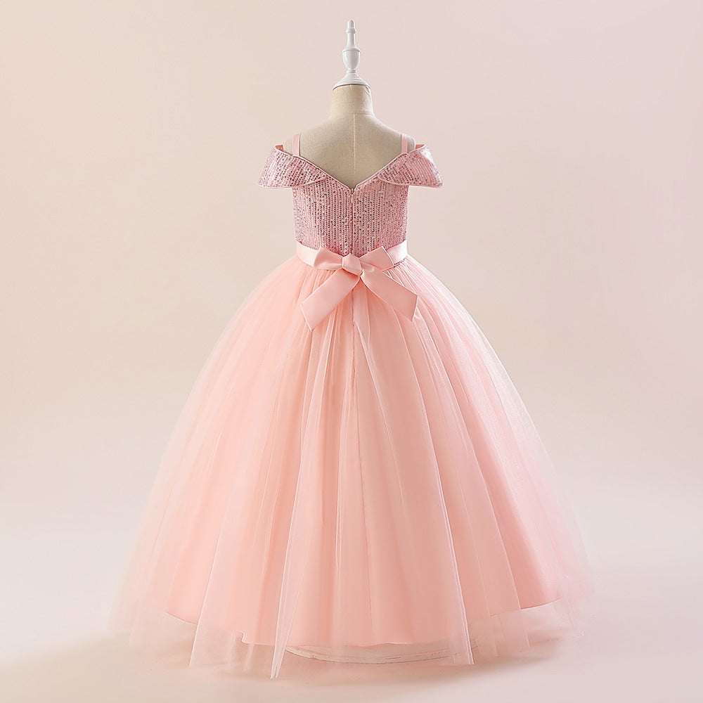 Off Shoulder Sequin Maxi Dress for Girls – Puff Sleeve Ball Gown for Special Occasions