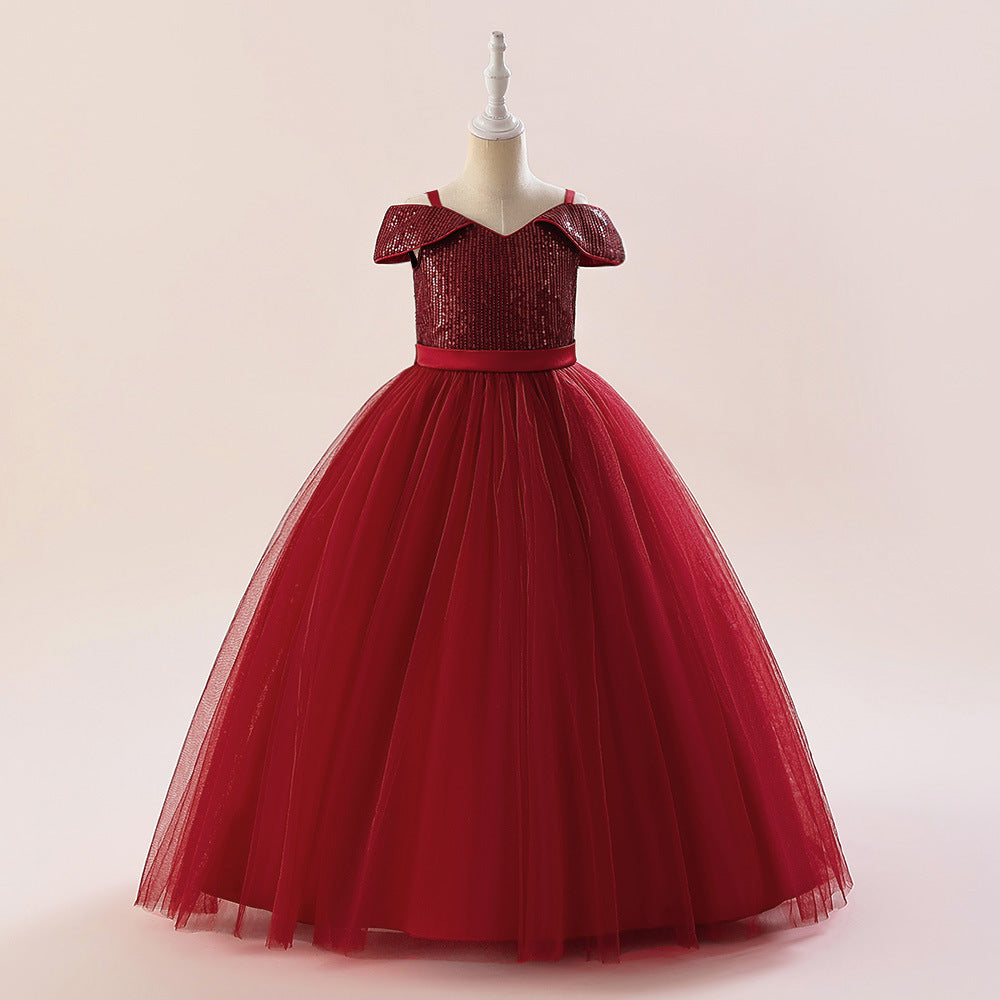 Off Shoulder Sequin Maxi Dress for Girls – Puff Sleeve Ball Gown for Special Occasions