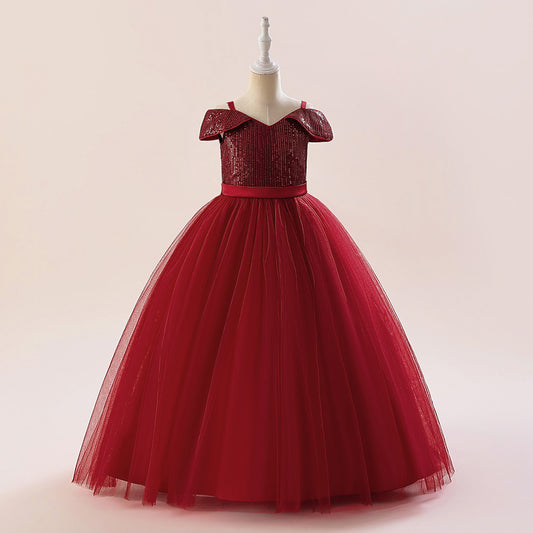 Off Shoulder Sequin Maxi Dress for Girls – Puff Sleeve Ball Gown for Special Occasions