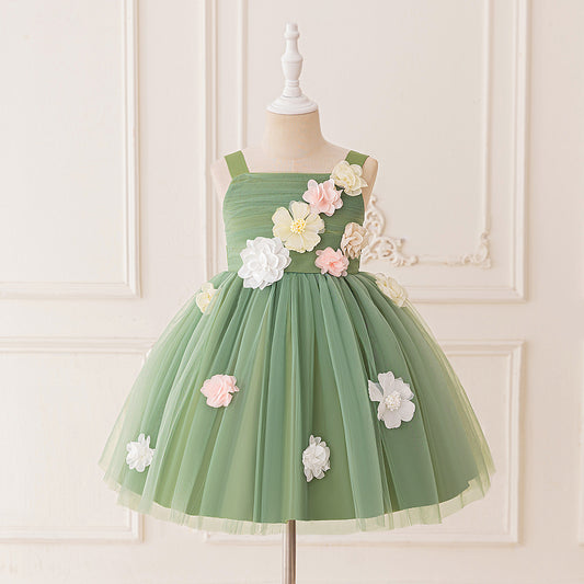 Cute Off Shoulder Tulle Tea Length Flower Girl Dress with Appliques for Parties & Weddings