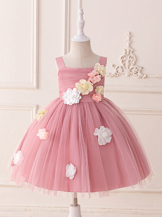 Cute Off Shoulder Tulle Tea Length Flower Girl Dress with Appliques for Parties & Weddings