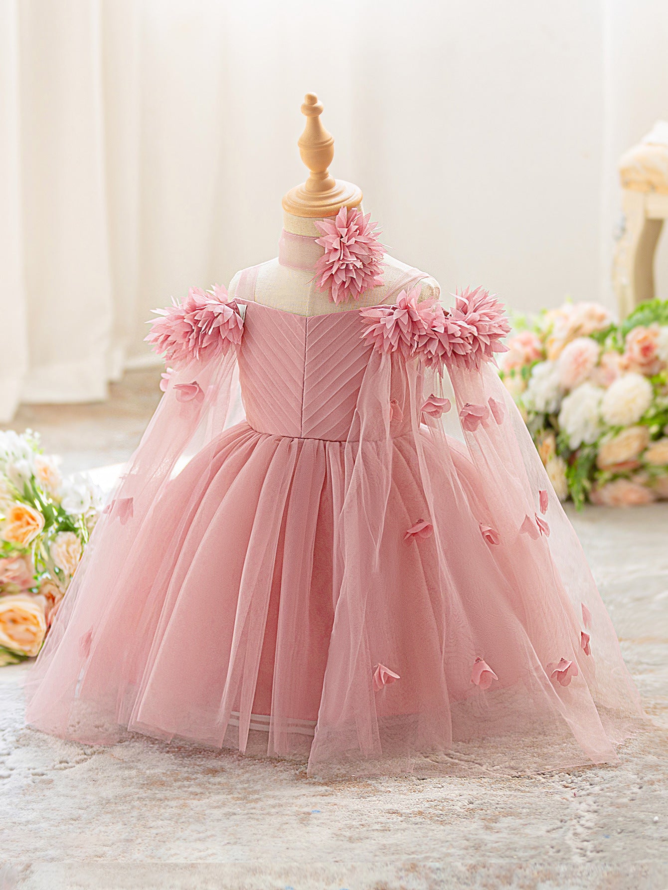 Cute Off Shoulder Tulle Toddler Dress with Applique - Tea Length Princess Gown