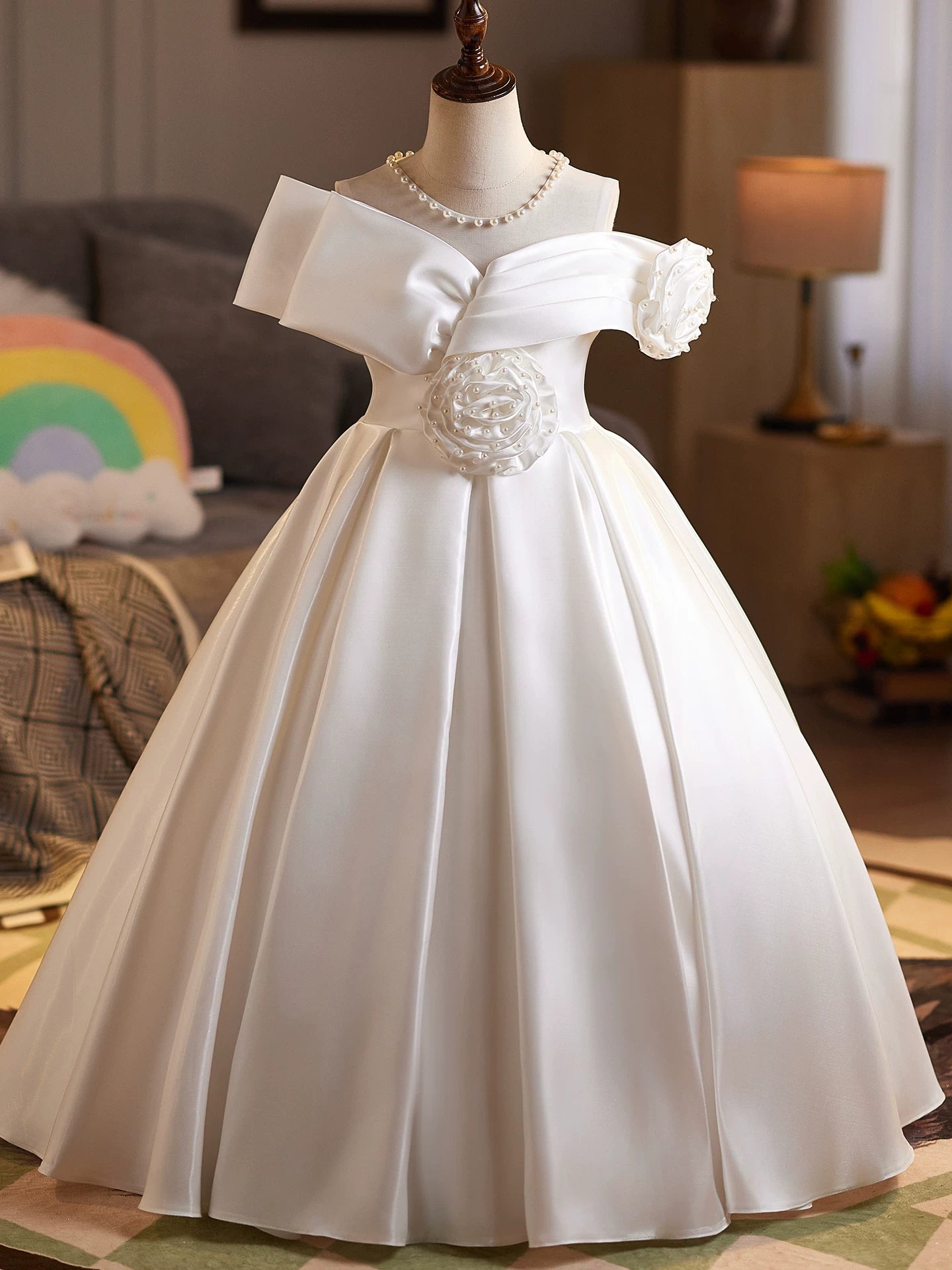 Off Shoulder White Maxi Dress with Flowers & Sequins for Girls 3-12 | Party, Wedding & Formal Occasions