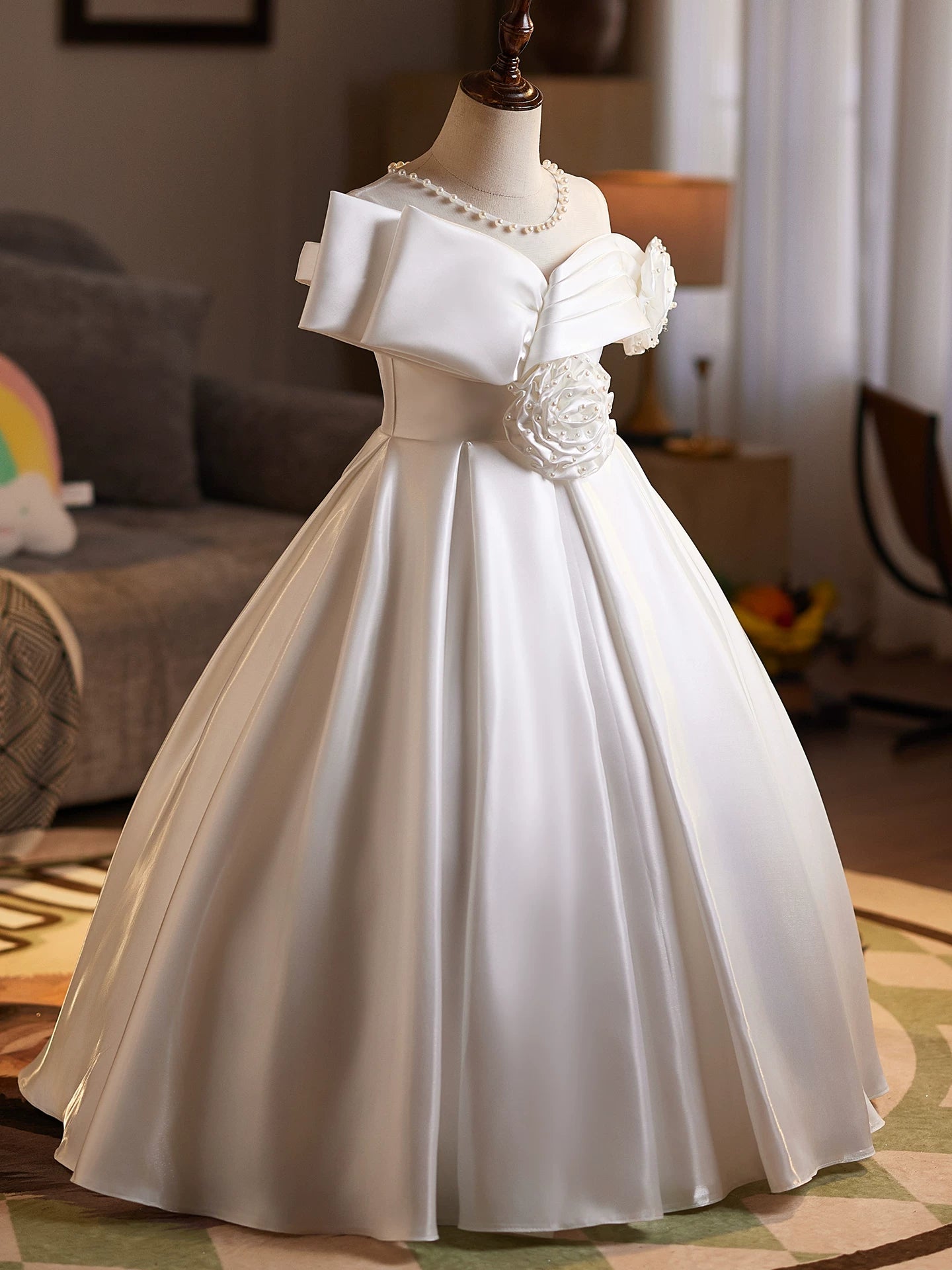 Off Shoulder White Maxi Dress with Flowers & Sequins for Girls 3-12 | Party, Wedding & Formal Occasions