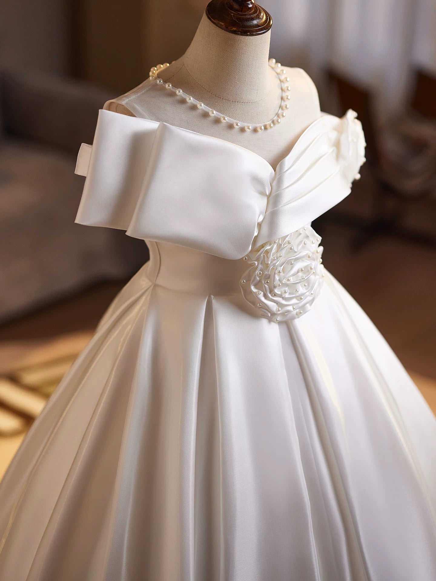 Off Shoulder White Maxi Dress with Flowers & Sequins for Girls 3-12 | Party, Wedding & Formal Occasions