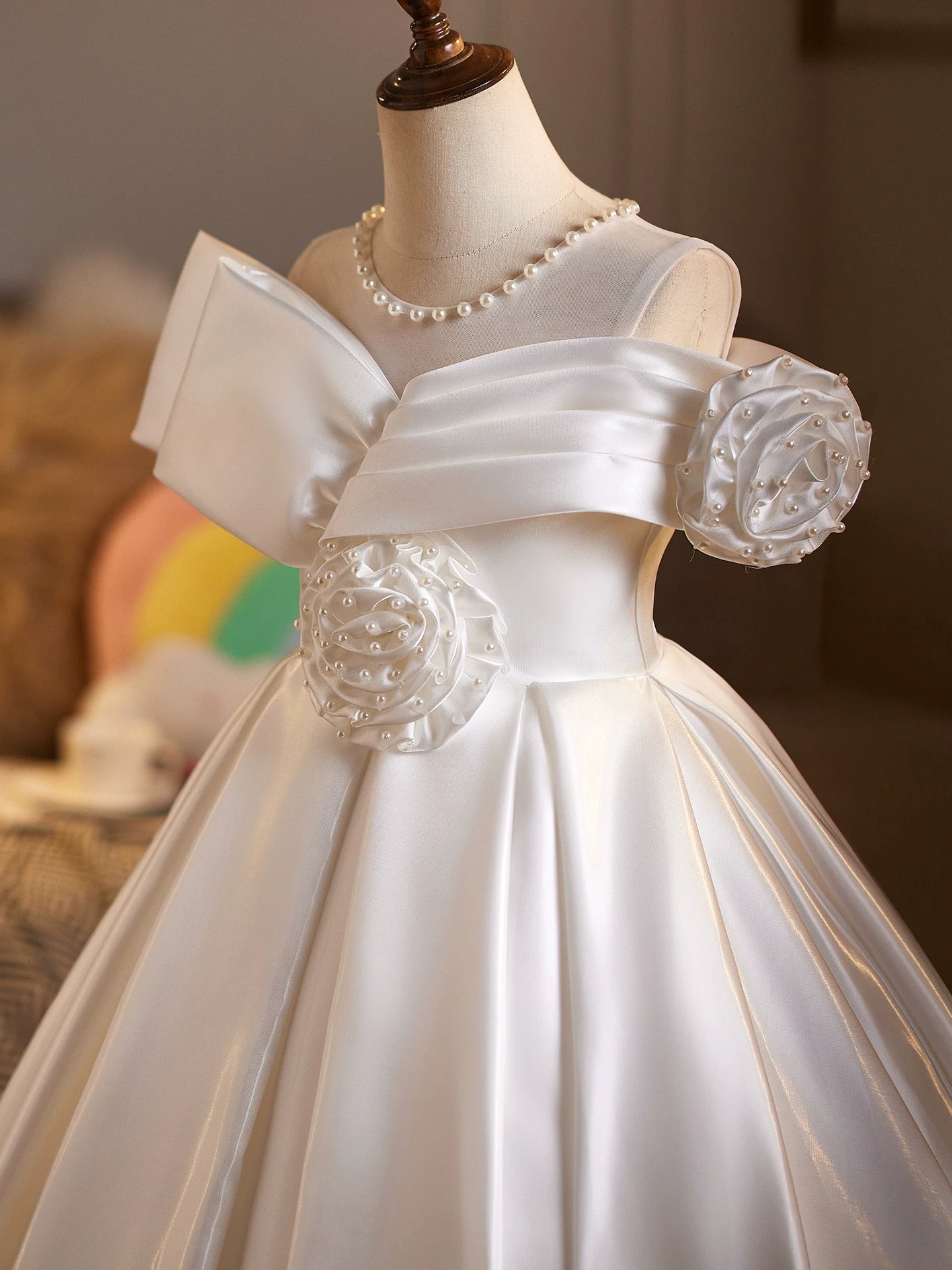 Off Shoulder White Maxi Dress with Flowers & Sequins for Girls 3-12 | Party, Wedding & Formal Occasions