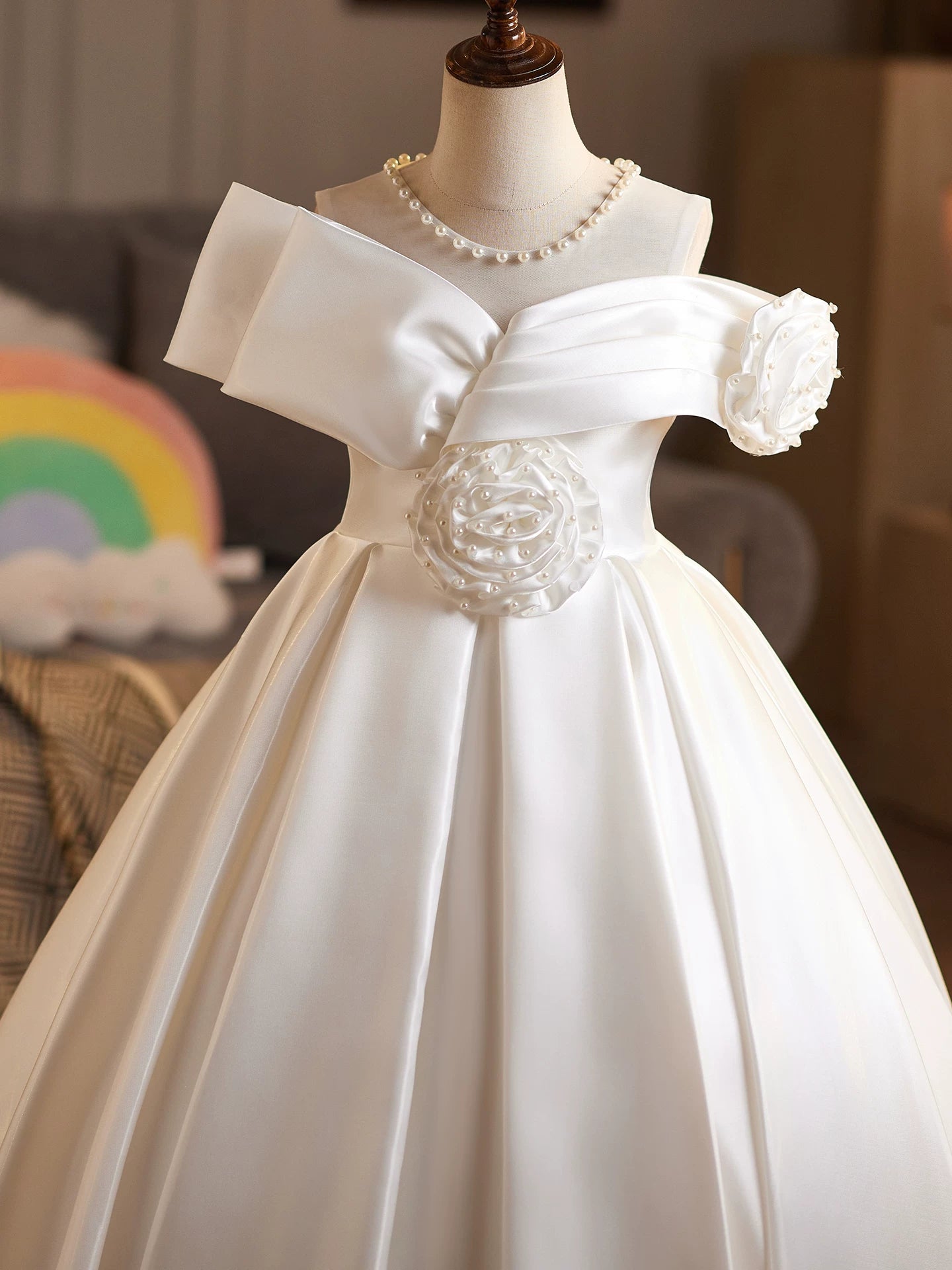 Off Shoulder White Maxi Dress with Flowers & Sequins for Girls 3-12 | Party, Wedding & Formal Occasions