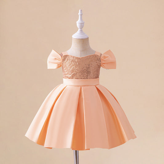 Peach Sequin Off-Shoulder A-Line Baby Party Dress | Cute Ruffle Flower Girl Gown