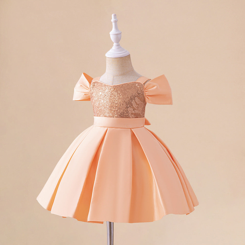 Peach Sequin Off-Shoulder A-Line Baby Party Dress | Cute Ruffle Flower Girl Gown