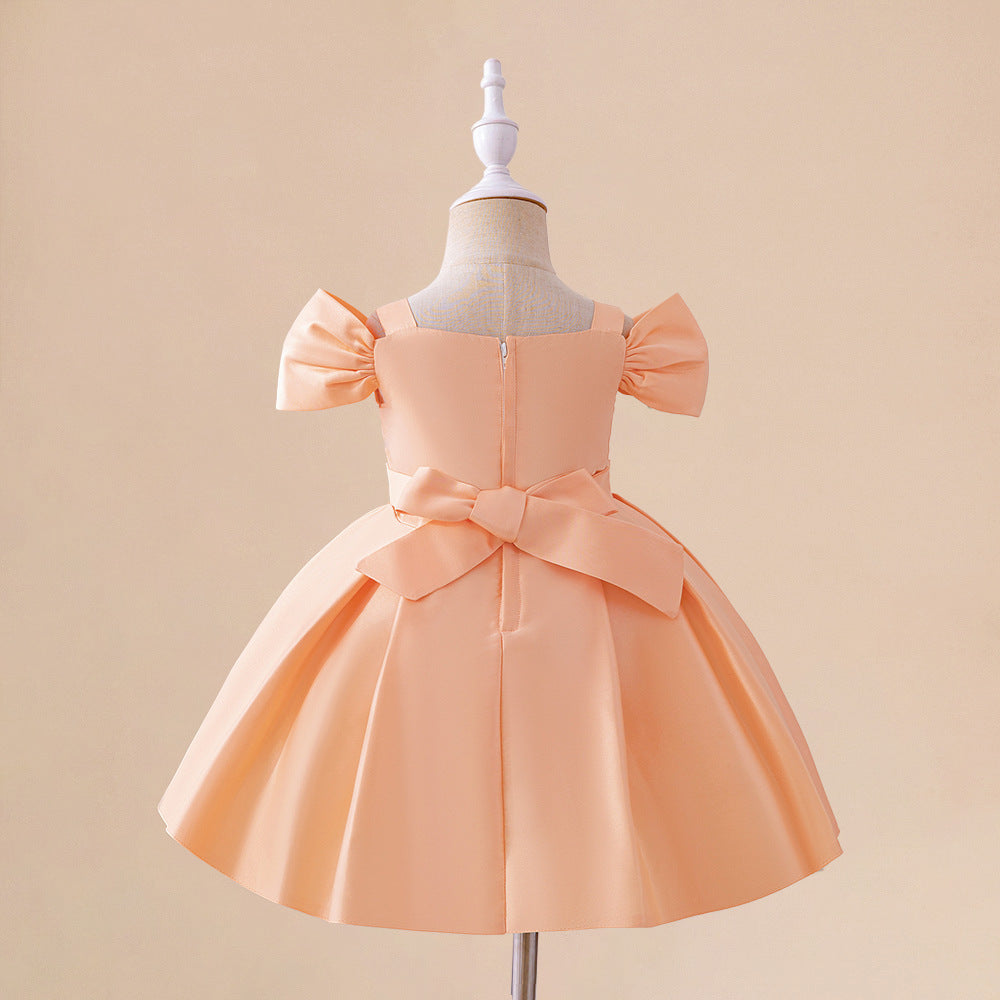 Peach Sequin Off-Shoulder A-Line Baby Party Dress | Cute Ruffle Flower Girl Gown