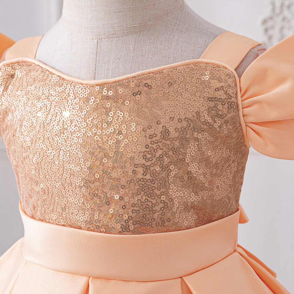 Peach Sequin Off-Shoulder A-Line Baby Party Dress | Cute Ruffle Flower Girl Gown
