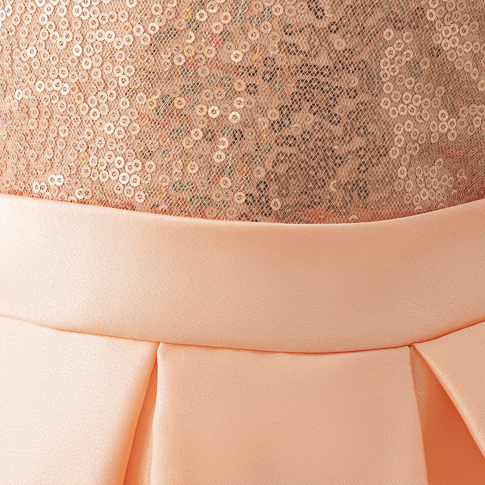 Peach Sequin Off-Shoulder A-Line Baby Party Dress | Cute Ruffle Flower Girl Gown