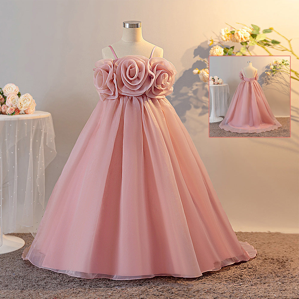 Pink Off-Shoulder Floral Organza Maxi Dress for Girls | A-Line Princess Party Gown